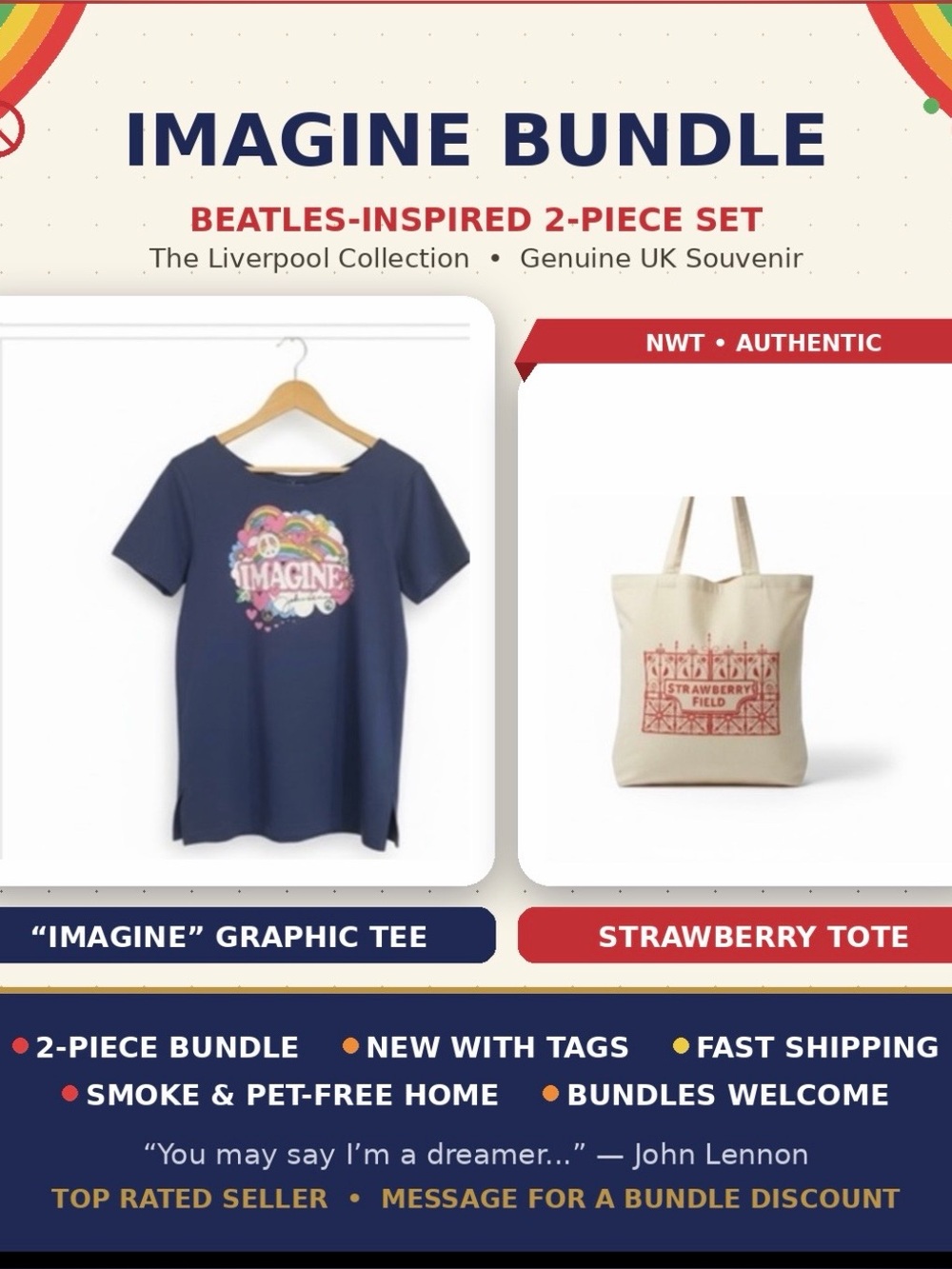 Beatles “Imagine” Bundle — Liverpool Collection Tee + Strawberry Field Tote